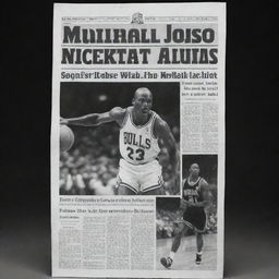 An image mimicking the style of a printed newspaper, with a bold headline about Michael Jordan, alongside a high-quality black and white picture of him in action during a basketball game.