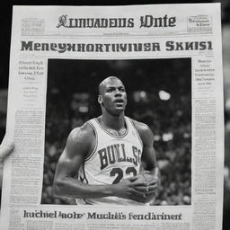 An image mimicking the style of a printed newspaper, with a bold headline about Michael Jordan, alongside a high-quality black and white picture of him in action during a basketball game.