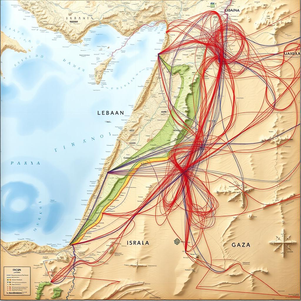 A large, detailed map highlighting the regions of Lebanon, Israel, and Gaza