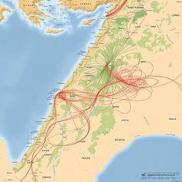 A large, detailed map highlighting the regions of Lebanon, Israel, and Gaza