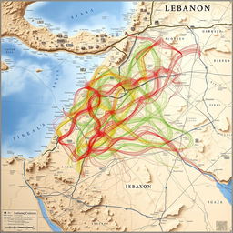 A large, detailed map highlighting the regions of Lebanon, Israel, and Gaza