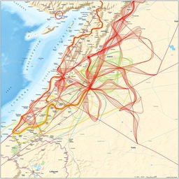 A large, detailed map highlighting the regions of Lebanon, Israel, and Gaza