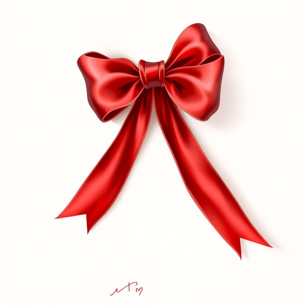 A detailed illustration of a red bow with its ends elegantly pointing outward