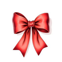 A detailed illustration of a red bow with its ends elegantly pointing outward