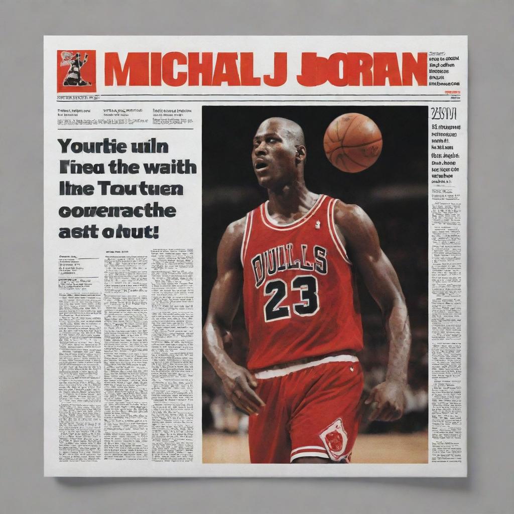 A digital, flat-design image resembling a printed newspaper, featuring a headline about Michael Jordan and a picture of him in action on the basketball court, all in a minimalist and modern style.