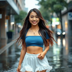 A 38-year-old Asian girl with long, flowing hair walks confidently in the rain, her face brightened by a warm smile that radiates happiness