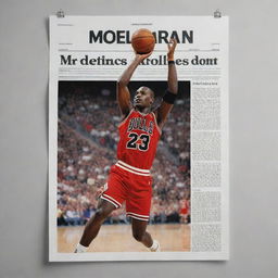 A digital, flat-design image resembling a printed newspaper, featuring a headline about Michael Jordan and a picture of him in action on the basketball court, all in a minimalist and modern style.