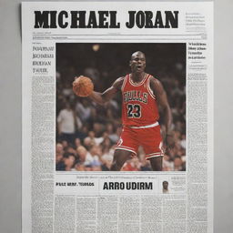 A digital, flat-design image resembling a printed newspaper, featuring a headline about Michael Jordan and a picture of him in action on the basketball court, all in a minimalist and modern style.