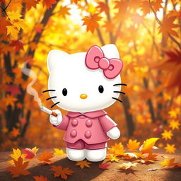 A whimsical depiction of a white Hello Kitty character dressed in a pink outfit with a matching pink bow, set against a charming autumn backdrop filled with colorful fall leaves