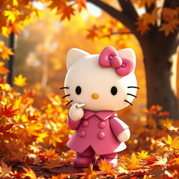 A whimsical depiction of a white Hello Kitty character dressed in a pink outfit with a matching pink bow, set against a charming autumn backdrop filled with colorful fall leaves