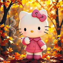 A whimsical depiction of a white Hello Kitty character dressed in a pink outfit with a matching pink bow, set against a charming autumn backdrop filled with colorful fall leaves