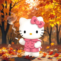 A whimsical depiction of a white Hello Kitty character dressed in a pink outfit with a matching pink bow, set against a charming autumn backdrop filled with colorful fall leaves