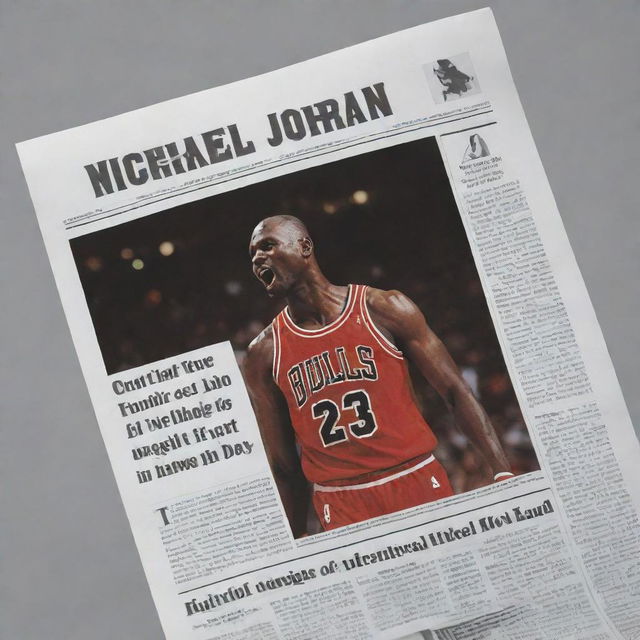 A digital, flat-design image resembling a printed newspaper, featuring a headline about Michael Jordan and a picture of him in action on the basketball court, all in a minimalist and modern style.