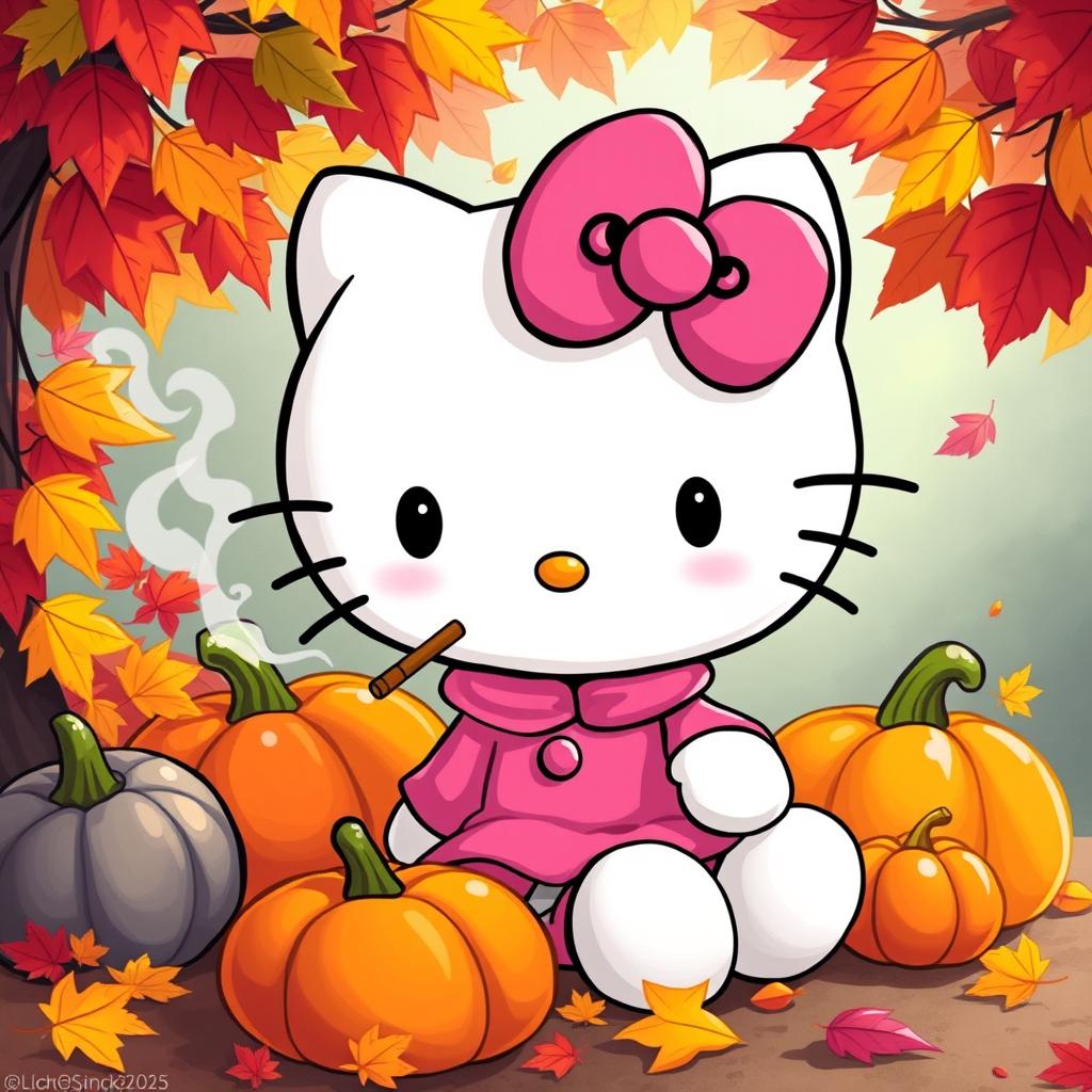 A whimsical, cartoon-style portrayal of a white Hello Kitty character, adorned with a large pink bow and a matching pink outfit