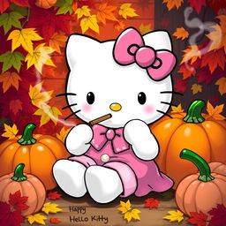 A whimsical, cartoon-style portrayal of a white Hello Kitty character, adorned with a large pink bow and a matching pink outfit