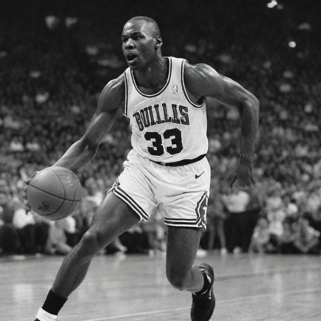 A black and white image styled like a vintage newspaper clipping featuring Michael Jordan mid-action during a basketball game.