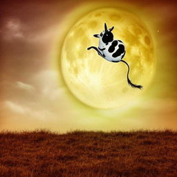 A whimsical scene of a jovial cow gleefully jumping over a radiant moon