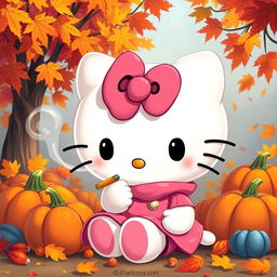 A whimsical, cartoon-style portrayal of a white Hello Kitty character, adorned with a large pink bow and a matching pink outfit