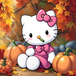 A whimsical, cartoon-style portrayal of a white Hello Kitty character, adorned with a large pink bow and a matching pink outfit