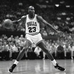 A black and white image styled like a vintage newspaper clipping featuring Michael Jordan mid-action during a basketball game.