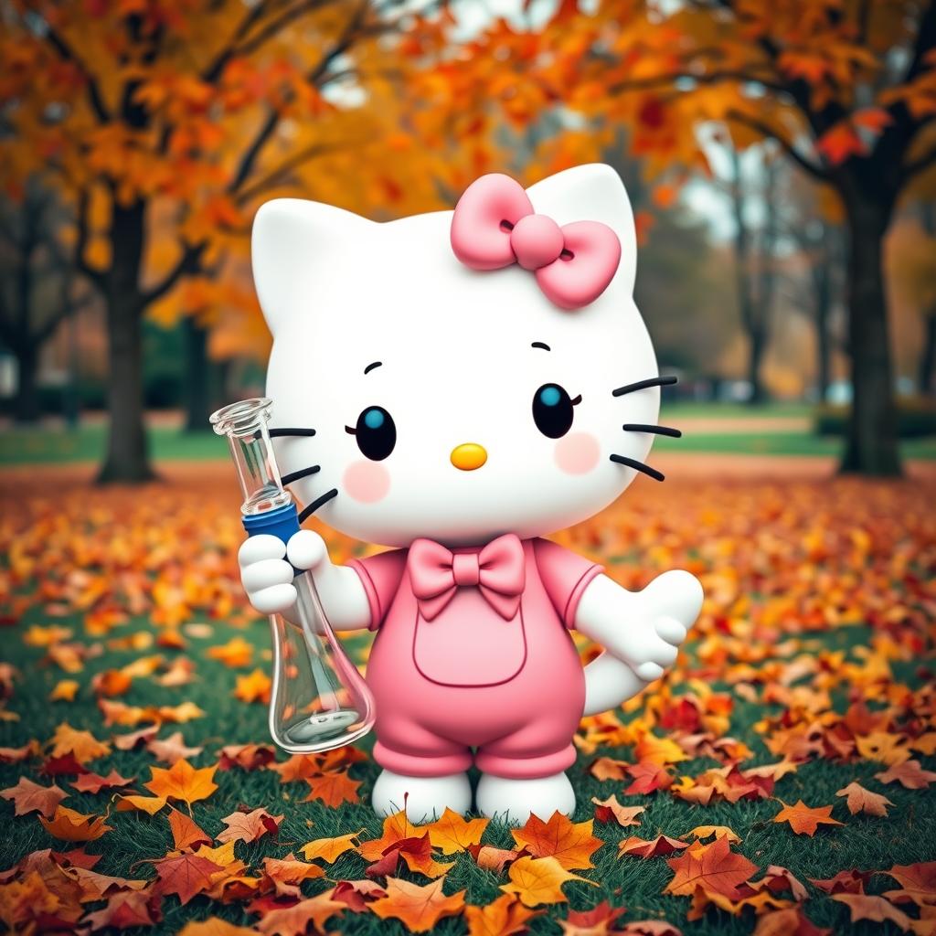 A cute white cat character styled like Hello Kitty, wearing a charming pink bow and a matching pink outfit, surrounded by a beautiful fall landscape