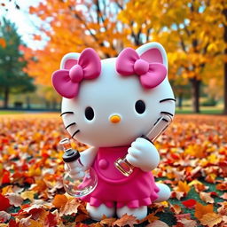 A cute white cat character styled like Hello Kitty, wearing a charming pink bow and a matching pink outfit, surrounded by a beautiful fall landscape