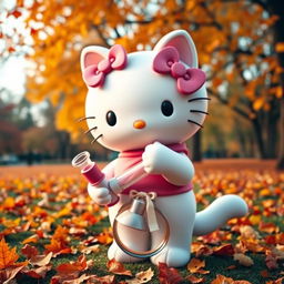 A cute white cat character styled like Hello Kitty, wearing a charming pink bow and a matching pink outfit, surrounded by a beautiful fall landscape