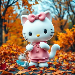 A cute white cat character styled like Hello Kitty, wearing a charming pink bow and a matching pink outfit, surrounded by a beautiful fall landscape