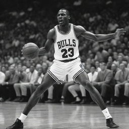 A black and white image styled like a vintage newspaper clipping featuring Michael Jordan mid-action during a basketball game.