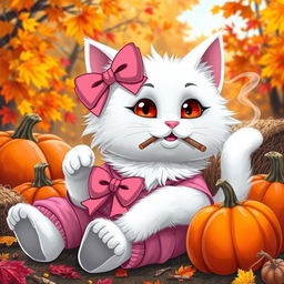 A whimsical and cute depiction of an anthropomorphic white cat resembling a cartoon character, wearing a pink bow and a matching pink outfit, enjoying the autumn season