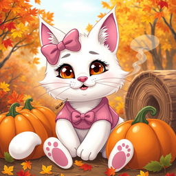 A whimsical and cute depiction of an anthropomorphic white cat resembling a cartoon character, wearing a pink bow and a matching pink outfit, enjoying the autumn season