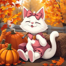 A whimsical and cute depiction of an anthropomorphic white cat resembling a cartoon character, wearing a pink bow and a matching pink outfit, enjoying the autumn season