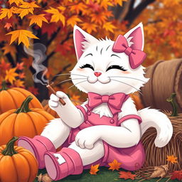 A whimsical and cute depiction of an anthropomorphic white cat resembling a cartoon character, wearing a pink bow and a matching pink outfit, enjoying the autumn season