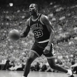 A black and white image styled like a vintage newspaper clipping featuring Michael Jordan mid-action during a basketball game.