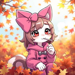 A whimsical character resembling a cute cat with a large pink bow on her head and wearing a stylish pink outfit, enjoying a relaxed moment in a vibrant autumn setting filled with colorful fall leaves