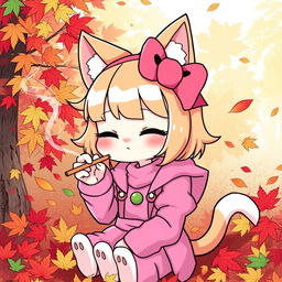 A whimsical character resembling a cute cat with a large pink bow on her head and wearing a stylish pink outfit, enjoying a relaxed moment in a vibrant autumn setting filled with colorful fall leaves