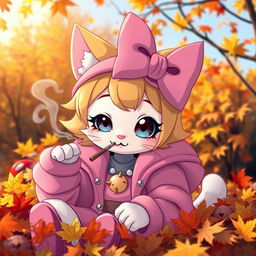 A whimsical character resembling a cute cat with a large pink bow on her head and wearing a stylish pink outfit, enjoying a relaxed moment in a vibrant autumn setting filled with colorful fall leaves