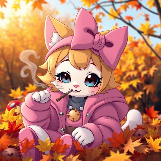 A whimsical character resembling a cute cat with a large pink bow on her head and wearing a stylish pink outfit, enjoying a relaxed moment in a vibrant autumn setting filled with colorful fall leaves