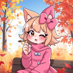 A whimsical character resembling a cute cat with a large pink bow on her head and wearing a stylish pink outfit, enjoying a relaxed moment in a vibrant autumn setting filled with colorful fall leaves