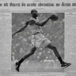 An image mimicking an old-fashion newspaper print in black and white, featuring a photograph-like clip of Michael Jordan in action during a basketball game.