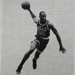 An image mimicking an old-fashion newspaper print in black and white, featuring a photograph-like clip of Michael Jordan in action during a basketball game.