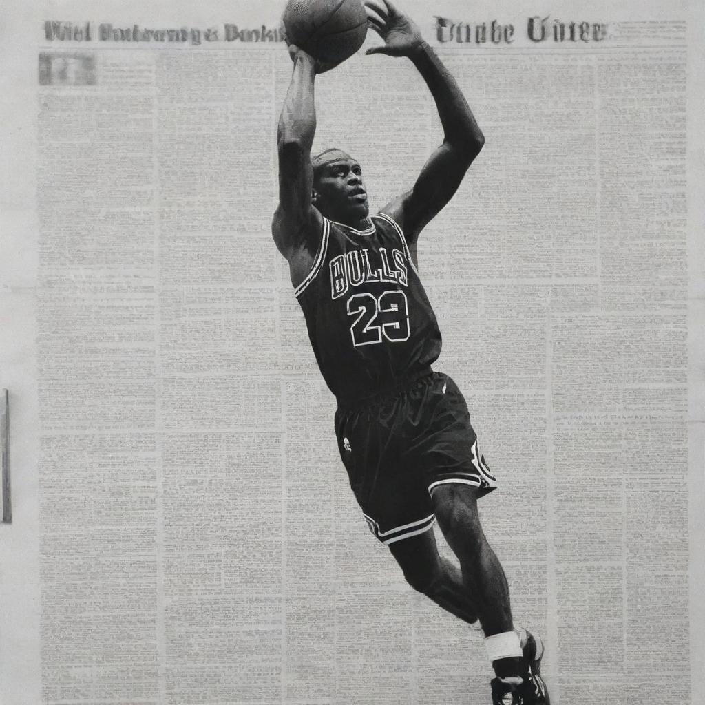 An image mimicking an old-fashion newspaper print in black and white, featuring a photograph-like clip of Michael Jordan in action during a basketball game.