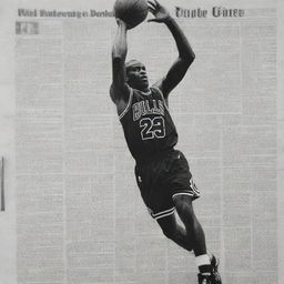 An image mimicking an old-fashion newspaper print in black and white, featuring a photograph-like clip of Michael Jordan in action during a basketball game.