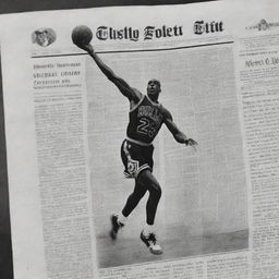 An image mimicking an old-fashion newspaper print in black and white, featuring a photograph-like clip of Michael Jordan in action during a basketball game.