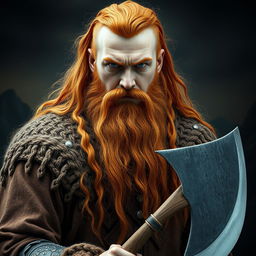 A highly detailed and realistic portrait of a Viking man with long orange hair and a long beard, confidently holding a large axe