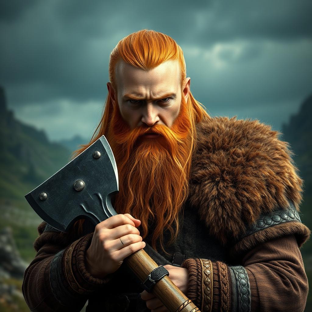 A highly detailed and realistic portrait of a Viking man with long orange hair and a long beard, confidently holding a large axe