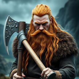 A highly detailed and realistic portrait of a Viking man with long orange hair and a long beard, confidently holding a large axe