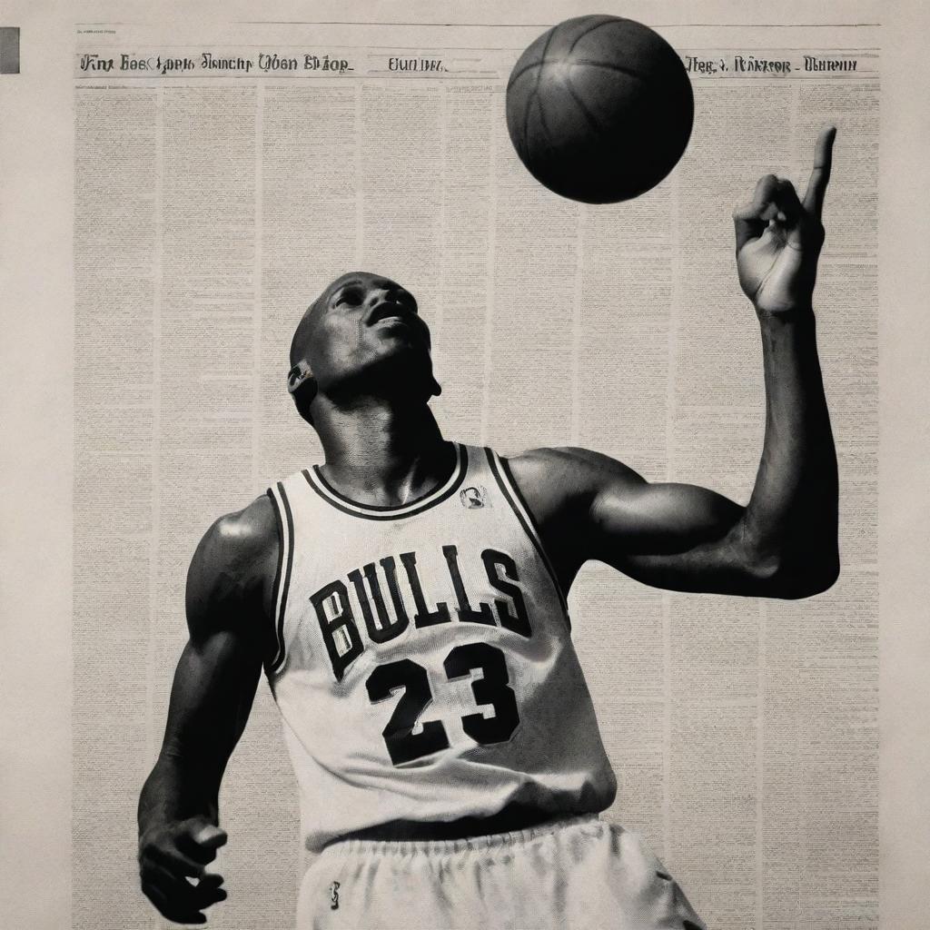 A monochromatic image mimicking a newspaper print, styled as a clip. It features basketball icon Michael Jordan in showcasing his athletic prowess.