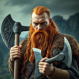 A highly detailed and realistic portrait of a Viking man with long orange hair and a long beard, confidently holding a large axe