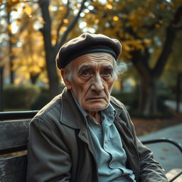 A very sad elderly Spaniard, seated on a weathered wooden bench in a quiet park